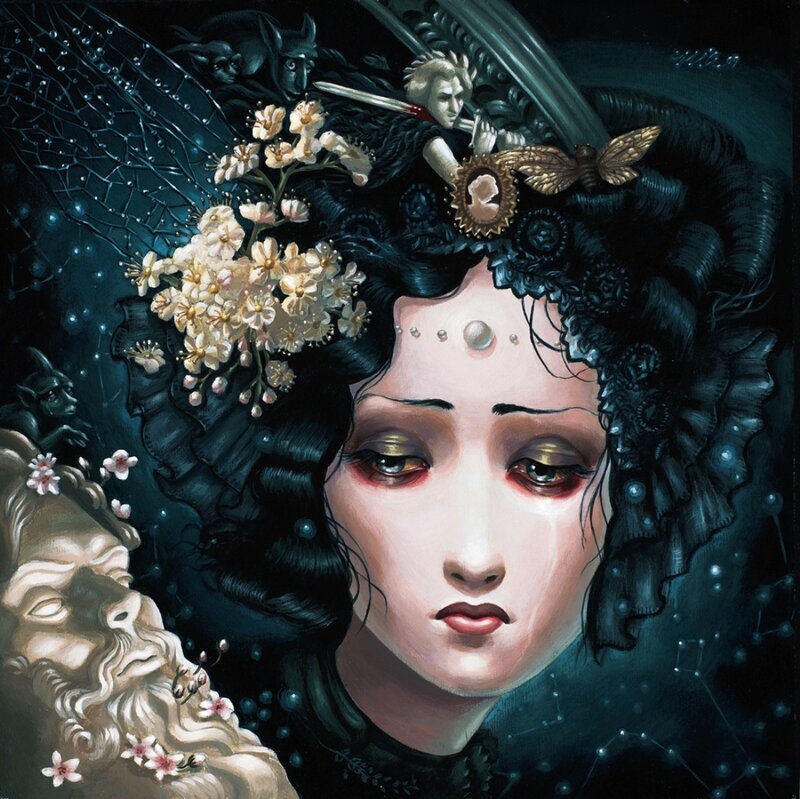 Woman with Dark Hair — Black, Dramatic, Night, Illustration, Flowers