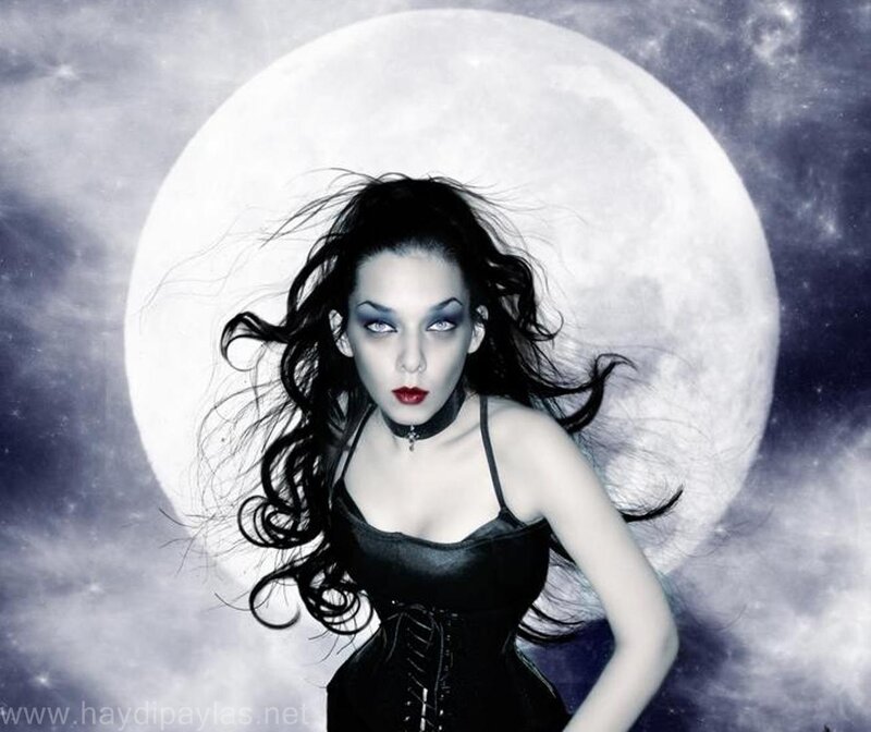 Woman with Dark Hair — Black, Dramatic, Night, Photograph, Full Moon