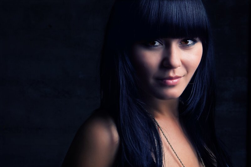 Woman with Dark Hair — Black, Dramatic, Night, Photograph, Necklace, Bangs