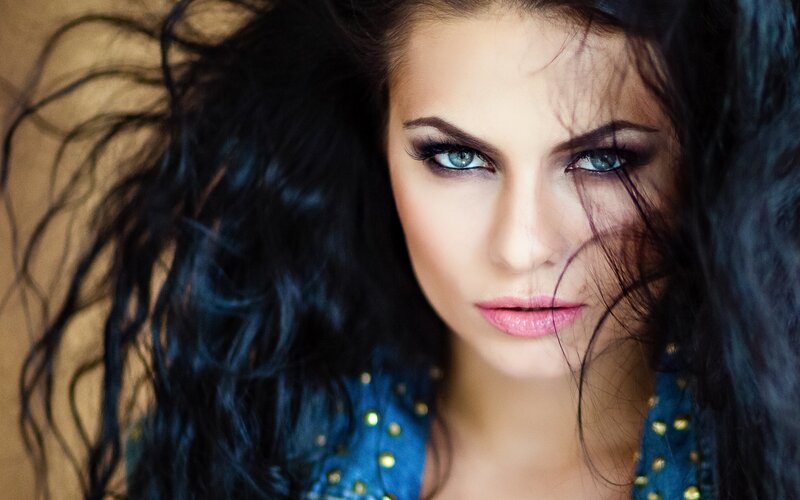 Woman with Dark Hair — Black, Dramatic, Photograph, Blue Top