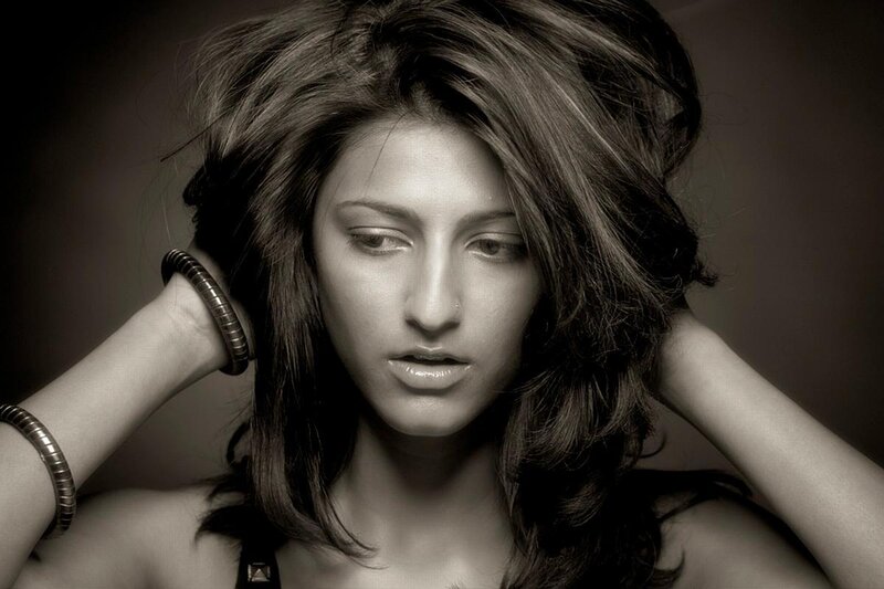 Woman with Dark Hair — Black, Dramatic, Photograph, Bracelets, White