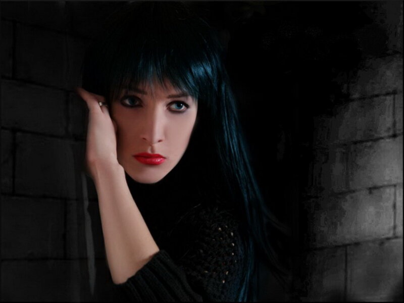 Woman with Dark Hair — Black, Dramatic, Photograph, Brick Wall, Hand