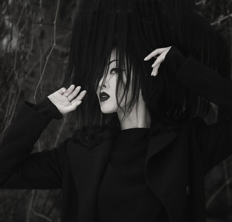 Woman with Dark Hair — Black, Dramatic, Photograph, Coat, Dark Background