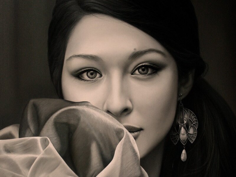 Woman with Dark Hair — Black, Dramatic, Photograph, Earring, Fabric