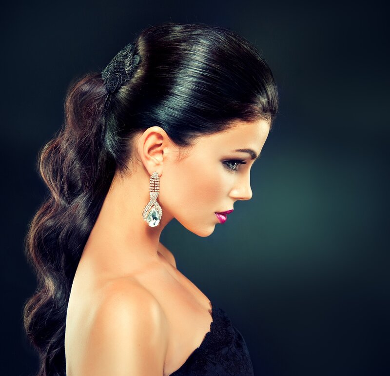 Woman with Dark Hair — Black, Dramatic, Photograph, Earrings, Makeup, Hair Accessory