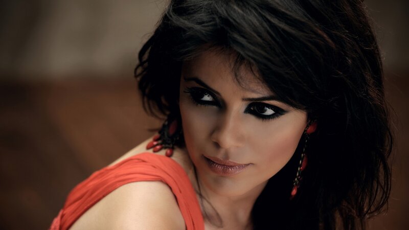 Woman with Dark Hair — Black, Dramatic, Photograph, Earrings, Makeup, Shoulder