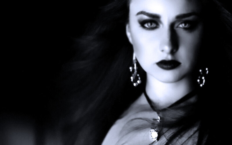 Woman with Dark Hair — Black, Dramatic, Photograph, Earrings, Necklace