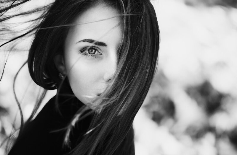 Woman with Dark Hair — Black, Dramatic, Photograph, Eye, Earring
