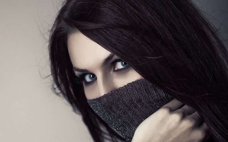 Woman with Dark Hair — Black, Dramatic, Photograph, Face Mask
