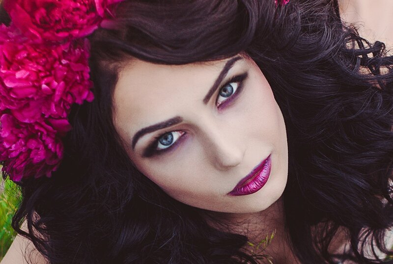 Woman with Dark Hair — Black, Dramatic, Photograph, Flowers