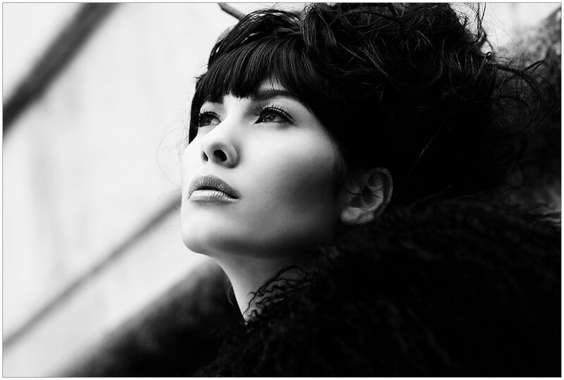Woman with Dark Hair — Black, Dramatic, Photograph, Fur Coat, Bangs