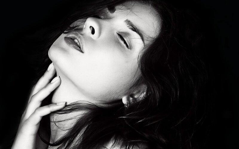 Woman with Dark Hair — Black, Dramatic, Photograph, Hand, Earring