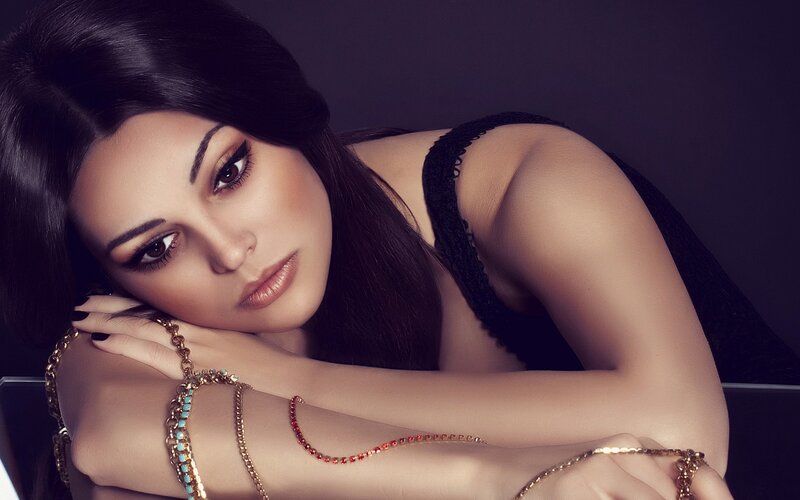 Woman with Dark Hair — Black, Dramatic, Photograph, Jewelry, Black Top