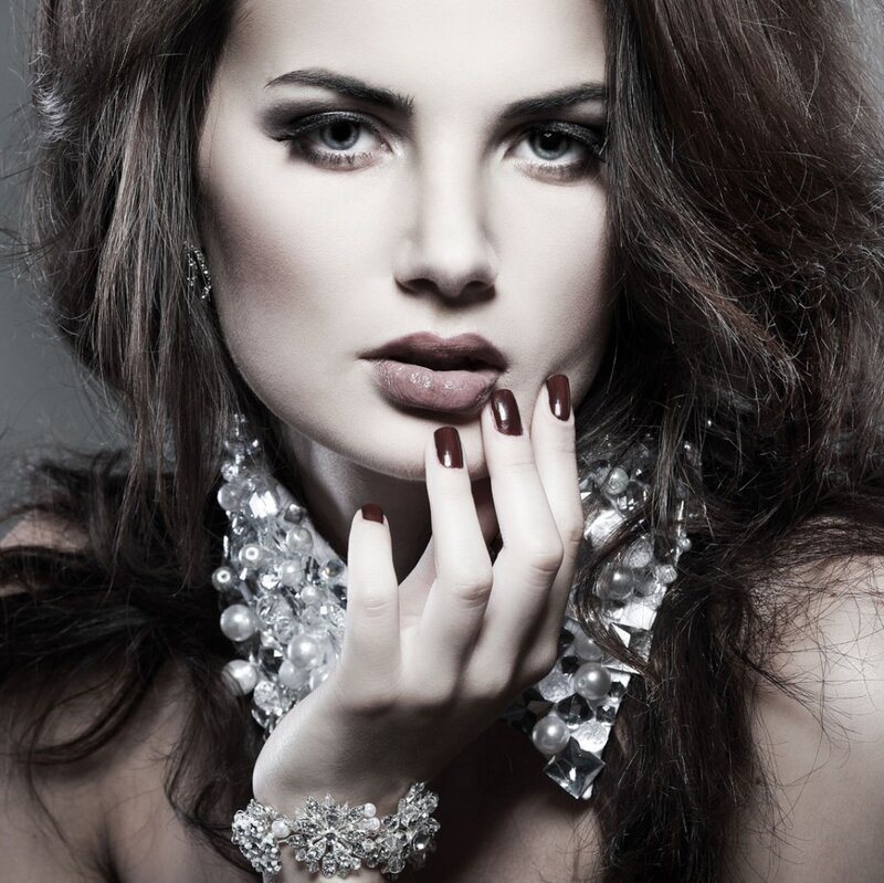 Woman with Dark Hair — Black, Dramatic, Photograph, Jewelry, Makeup, Nails