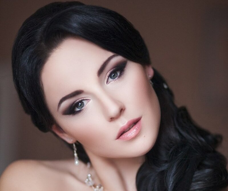 Woman with Dark Hair — Black, Dramatic, Photograph, Makeup, Earrings, Necklace