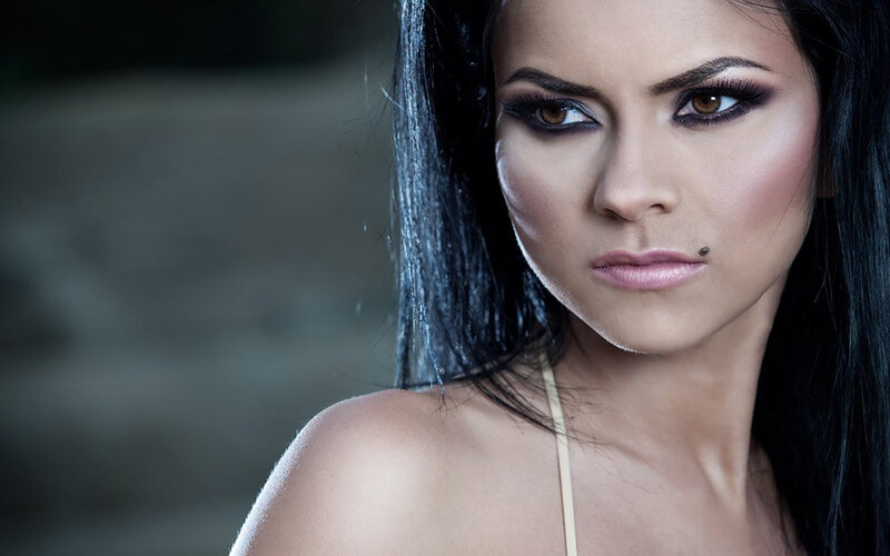 Woman with Dark Hair — Black, Dramatic, Photograph, Makeup, Lip Piercing