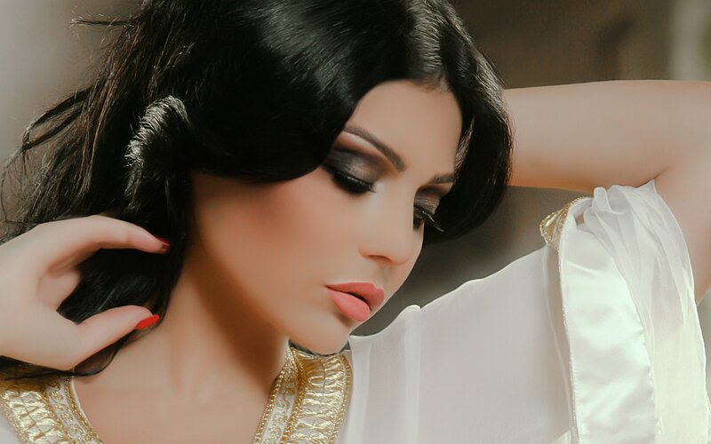 Woman with Dark Hair — Black, Dramatic, Photograph, Makeup, White Clothing, Gold Trim