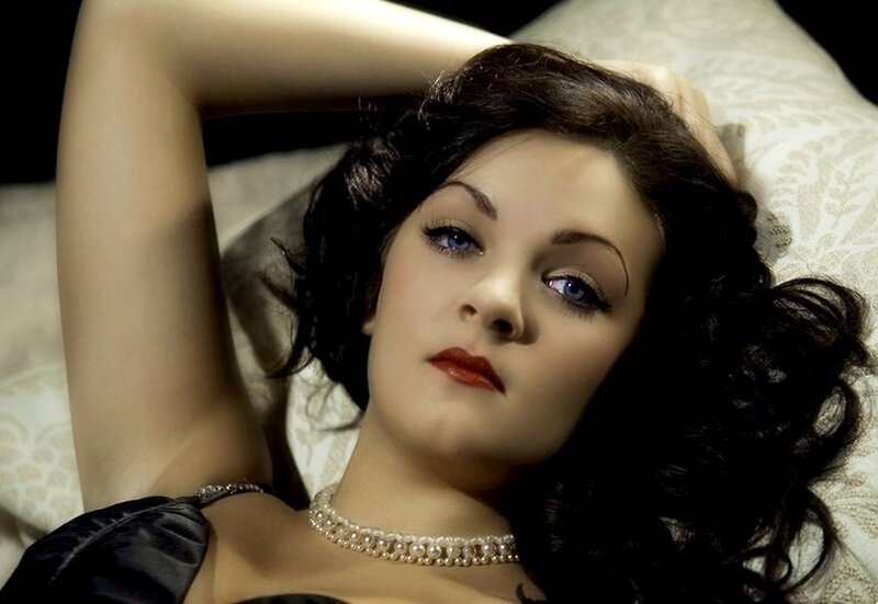 Woman with Dark Hair — Black, Dramatic, Photograph, Pearl Necklace