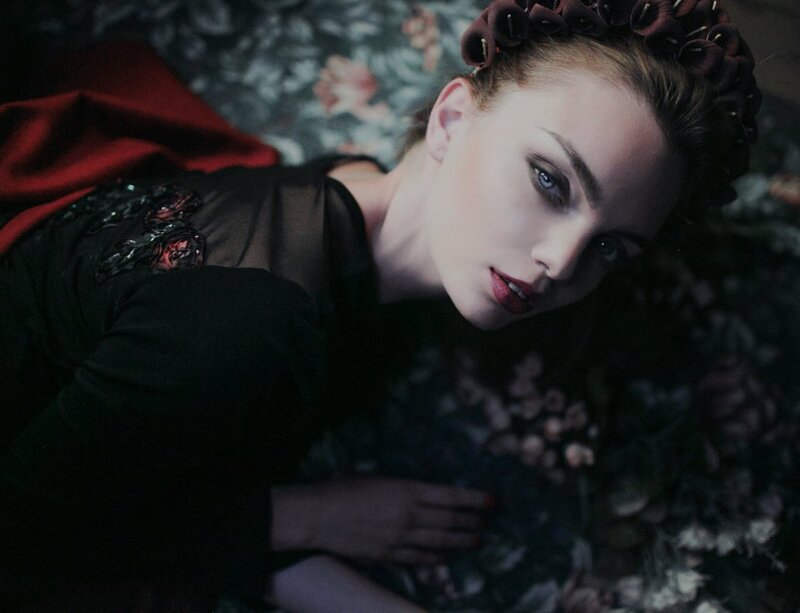 Woman with Dark Hair — Black, Dramatic, Photograph, Red Fabric