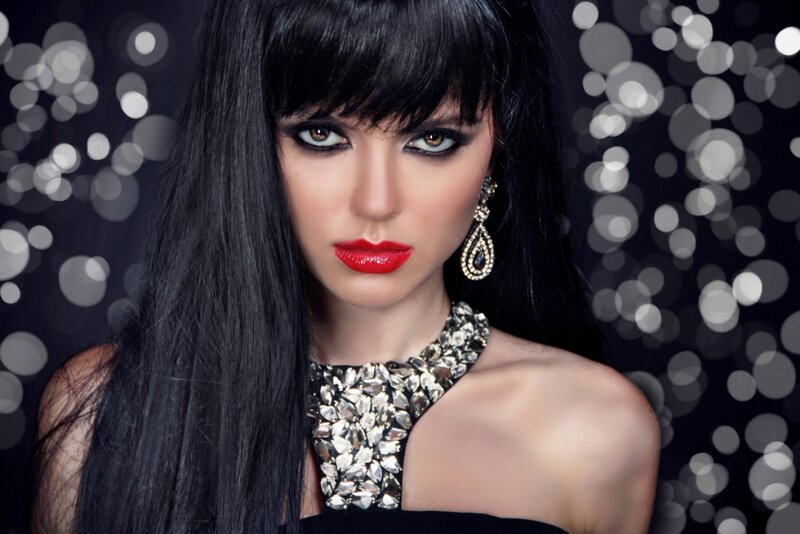 Woman with Dark Hair — Black, Dramatic, Photograph, Red Lipstick, Earrings