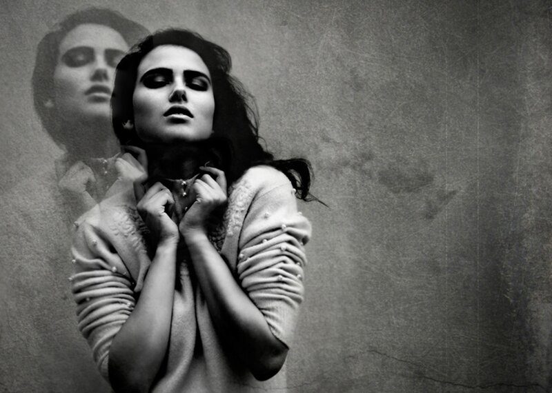 Woman with Dark Hair — Black, Dramatic, Photograph, Sweater