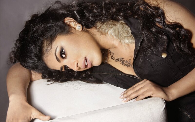 Woman with Dark Hair — Black, Dramatic, Photograph, Tattoo, Earring