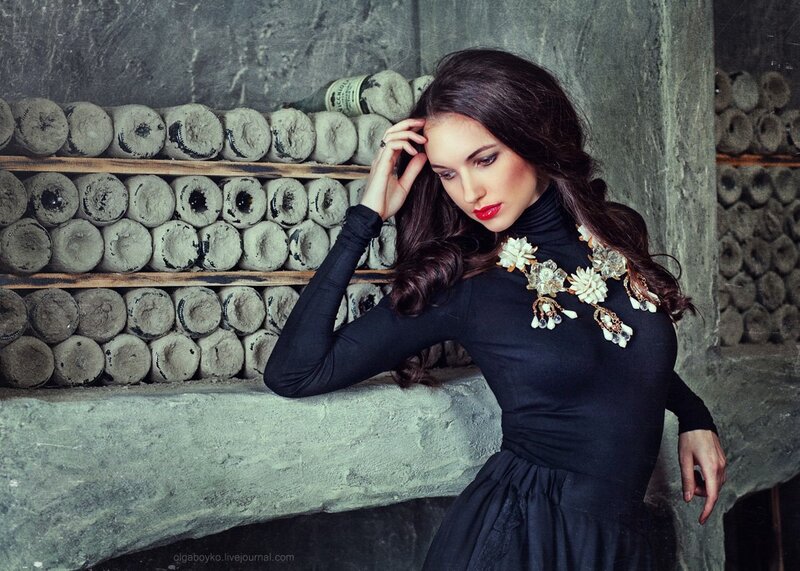 Woman with Dark Hair — Black, Dramatic, Photograph, Wine Bottles