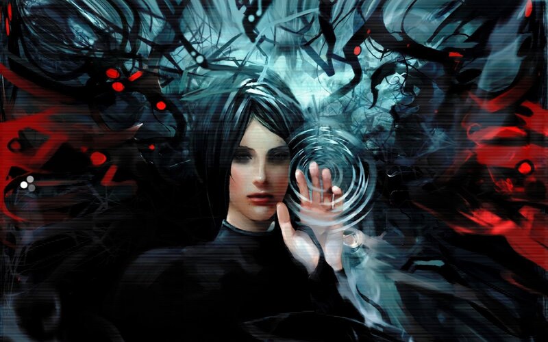 Woman with Dark Hair — Black, Dramatic, Tense