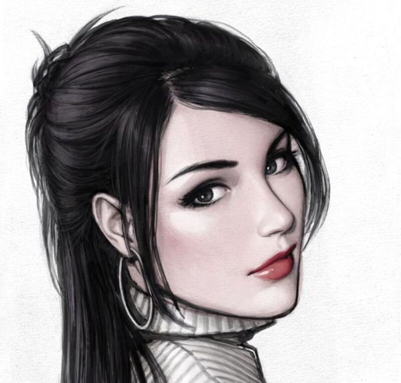 Woman with Dark Hair — Black, Neutral, Digital Art, Earring