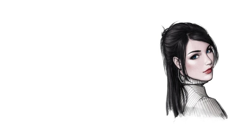 Woman with Dark Hair — Black, Neutral, Digital Art, Earring, Turtleneck