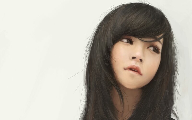 Woman with Dark Hair — Black, Neutral, Digital Art, Face, White
