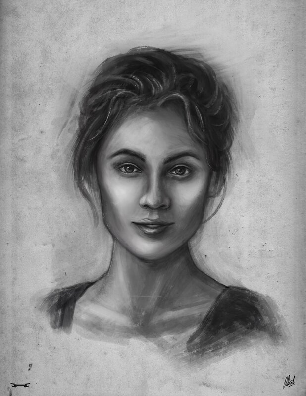Woman with Dark Hair — Black, Neutral, Digital Art, Shoulders