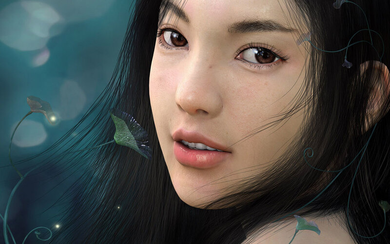 Woman with Dark Hair — Black, Serene, 3d Render, Eyes