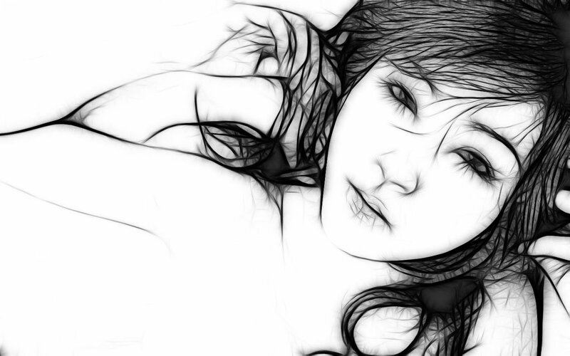 Woman with Dark Hair — Black, Serene, Digital Art, Face