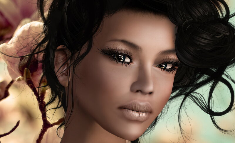 Woman with Dark Hair — Black, Serene, Digital Art, Flowers