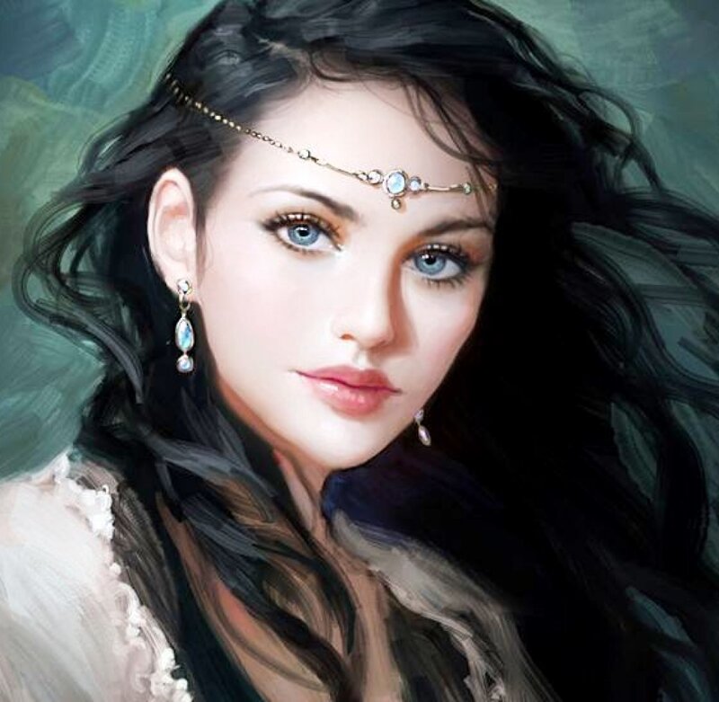 Woman with Dark Hair — Black, Serene, Digital Art, Headband