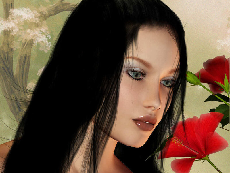 Woman with Dark Hair — Black, Serene, Digital Art