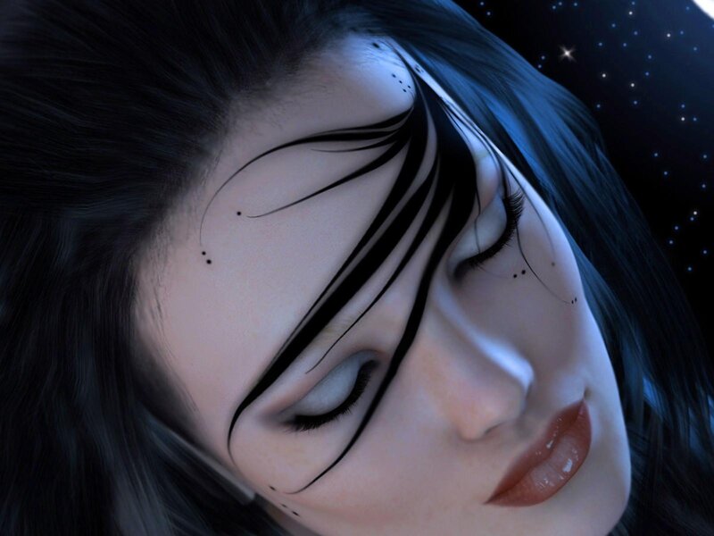 Woman with Dark Hair — Black, Serene, Night, Digital Art