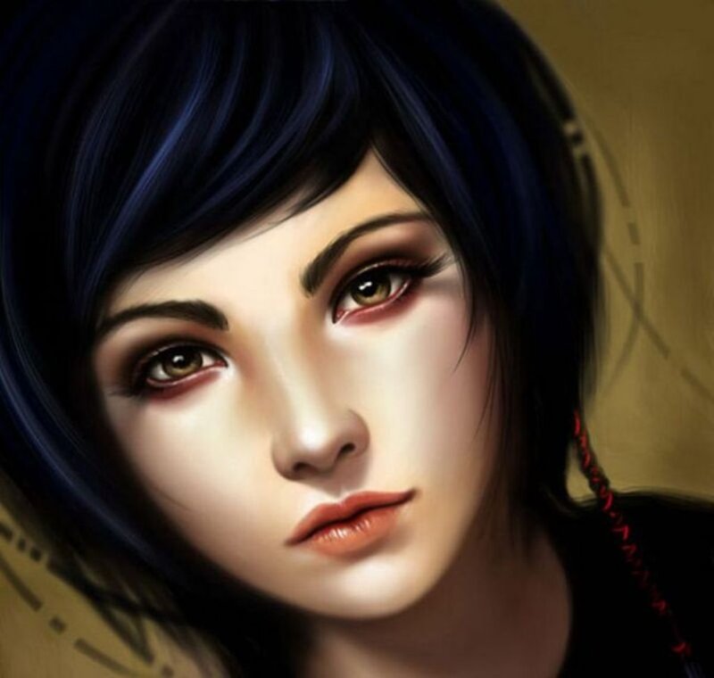 Woman with Dark Hair — Black, Serious, Digital Art