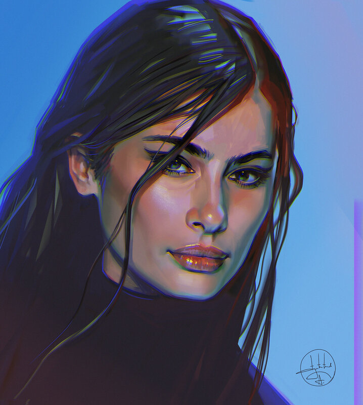 Woman with Dark Hair — Blue, Calm, Digital Art, Eyes