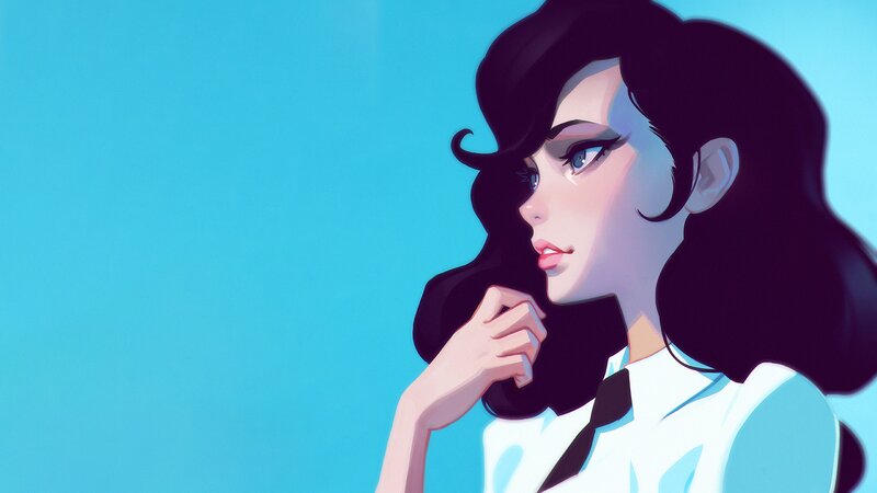 Woman with Dark Hair — Blue, Contemplative, Digital Art