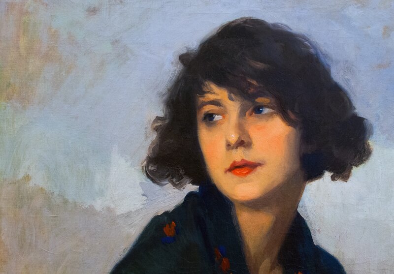Woman with Dark Hair — Blue, Contemplative, Painting