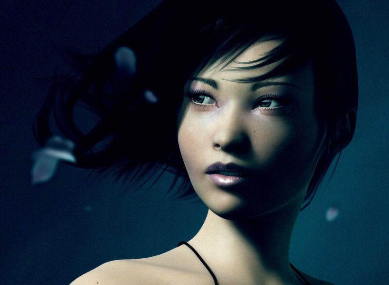 Woman with Dark Hair — Blue, Dramatic, 3d Render, Neck, Shoulder