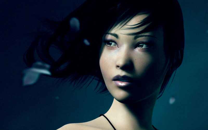 Woman with Dark Hair — Blue, Dramatic, 3d Render, Necklace