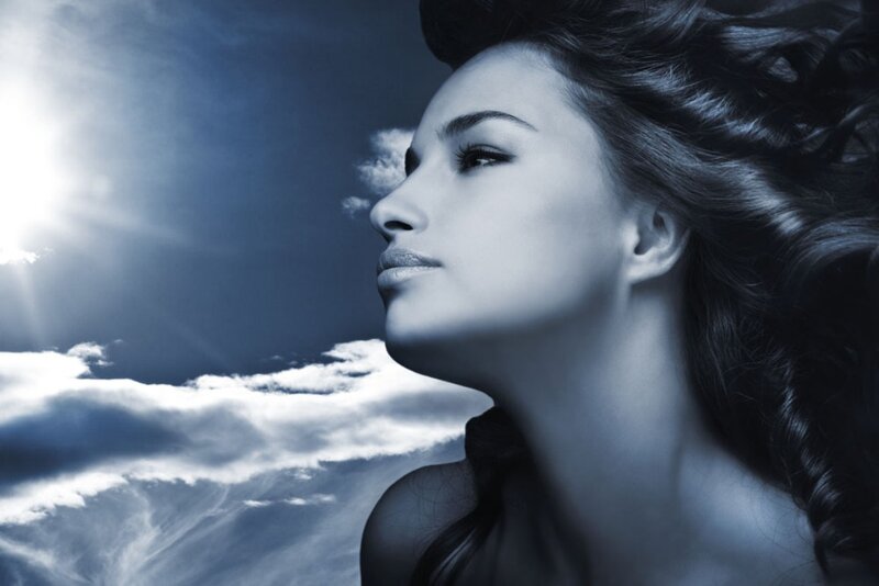 Woman with Dark Hair — Blue, Dramatic, Day