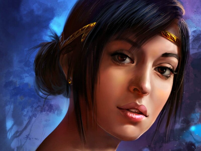 Woman with Dark Hair — Blue, Dramatic, Digital Art, Headband