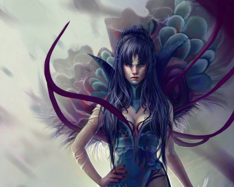 Woman with Dark Hair — Blue, Dramatic, Digital Art, Wings