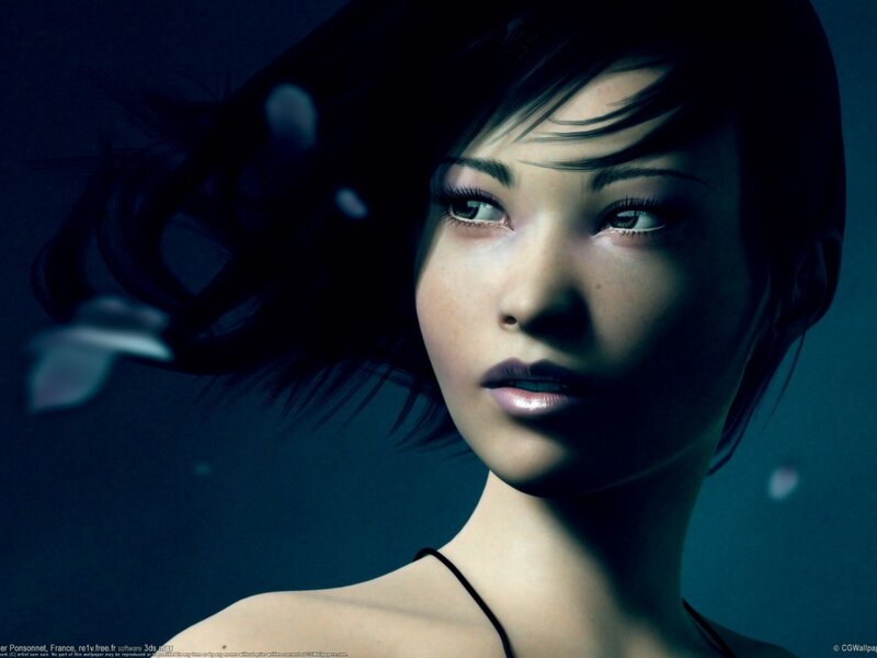 Woman with Dark Hair — Blue, Dramatic, Night, 3d Render, Neck