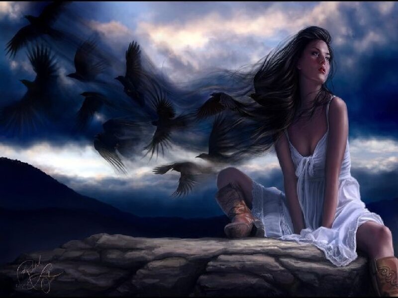 Woman with Dark Hair — Blue, Dramatic, Night, Digital Art, Birds