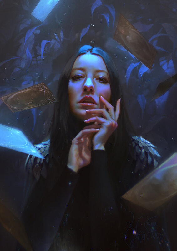 Woman with Dark Hair — Blue, Dramatic, Night, Digital Art, Cards